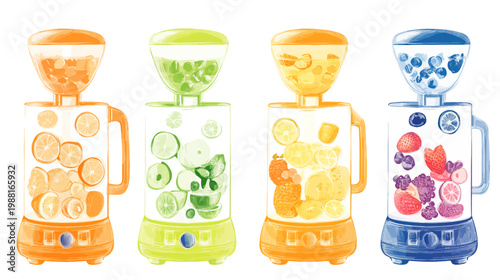 Watercolor illustrations depicting four blenders, each filled with vibrant fruits and colored accents