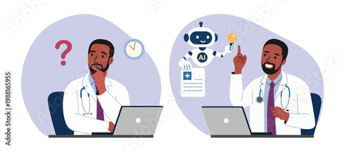 Doctor solving medical problem with artificial intelligence, AI assistant for diagnosis and healthcare innovation, before and after concept. Flat style cartoon vector illustration.