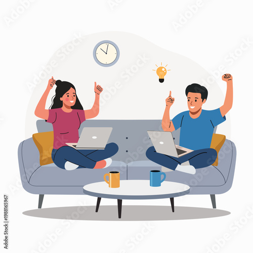 Happy couple working from home with laptops, problem solved and success concept in remote work. Flat style cartoon vector illustration.