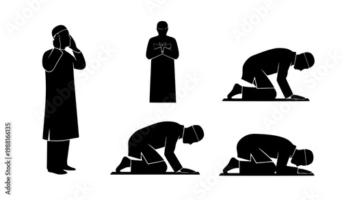 Islamic praying man silhouette icons black and white vector set with salah poses