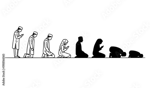Islamic prayer flow icons black and white vector with Muslim man salah sequence