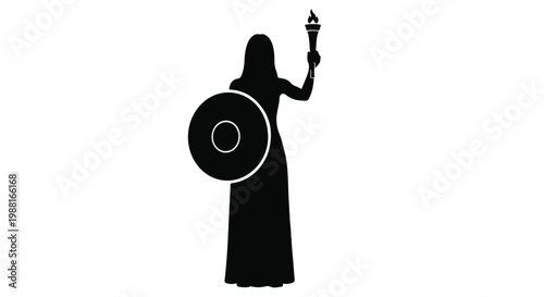 Silhouette of a Strong Woman Holding a Shield and an Elevated Torch