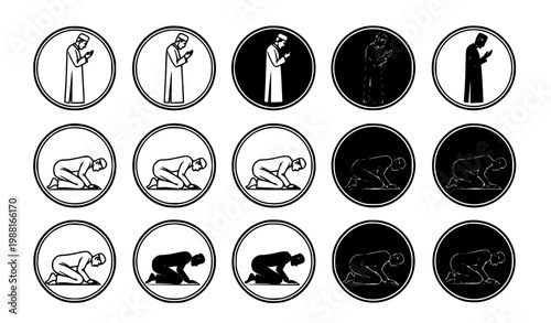 Islamic praying man badge icons black and white vector set with outline and silhouette