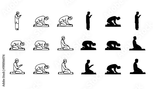 Premium Islamic praying man icon set black and white vector with outline and silhouette