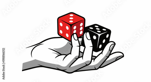 A hand holds two dice, one red and one black, against a white background
