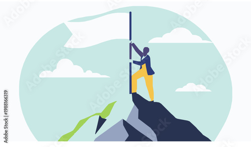 Empowered Woman Reaching Goal Mountain Success Vector Illustration