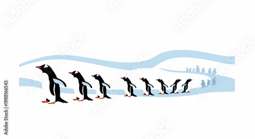 A line of black and white penguins walks across a blue and white icy landscape