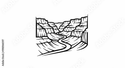 Stylized black and white illustration of a deep canyon with a winding river at its base