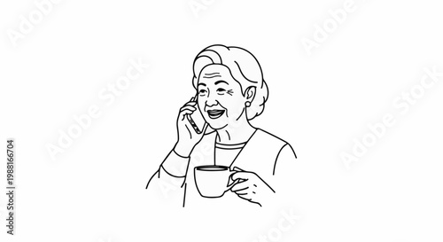 Elderly woman with smile talks on phone and holds a cup