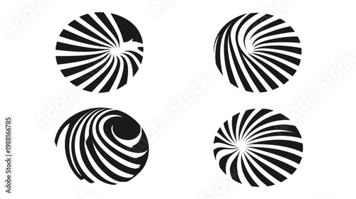 Four black and white swirling optical illusions, each circular, arranged to create a dynamic composition