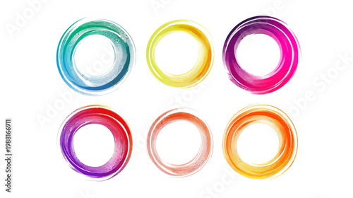 Six colorful, abstract circle designs with brushstroke textures on a white background