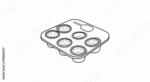 Line drawing of a six-cup baking pan with liners and a small scoop
