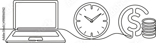 Line drawing of laptop clock and coins with dollar sign on transparent background