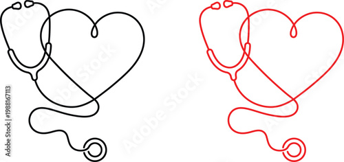 Stethoscope wrapped around heart outline in black and red lines