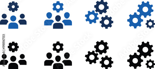 Illustration of groups and gears in blue and black, symbolizing teamwork and mechanisms.