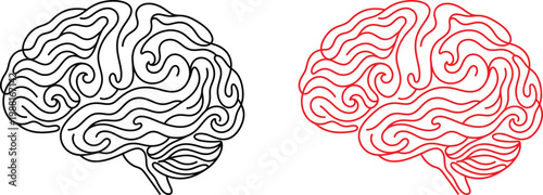 Two line art brain illustrations in black and red color  human head icons