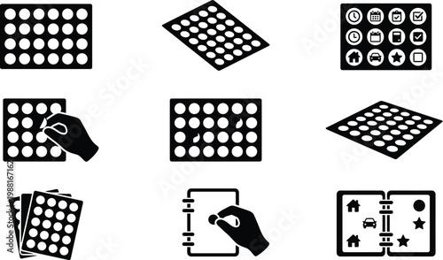 Set von schwarzen Piktogrammen für Planung und Organisation mit Punktaufklebern und Symbolen.