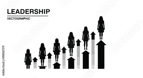 Business leadership concept with diverse professionals standing on ascending arrows in modern minimalist style
