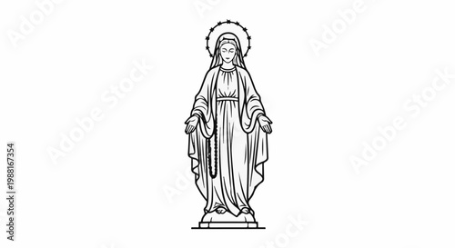 Outline drawing of a sacred female figure with outstretched arms and halo
