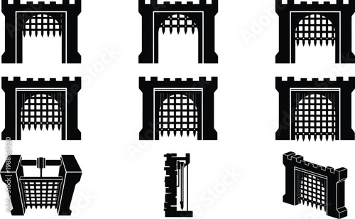Set von neun schwarzen Burgtor-Symbolen mit Fallgatter in verschiedenen Ansichten und Perspektiven.