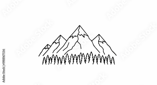 Minimalist illustration of snow-capped mountains above a line of evergreen trees