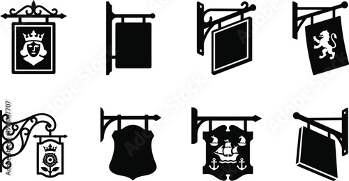 Sammlung von acht verschiedenen Aushängeschildern als schwarze Silhouetten auf weißem Hintergrund.