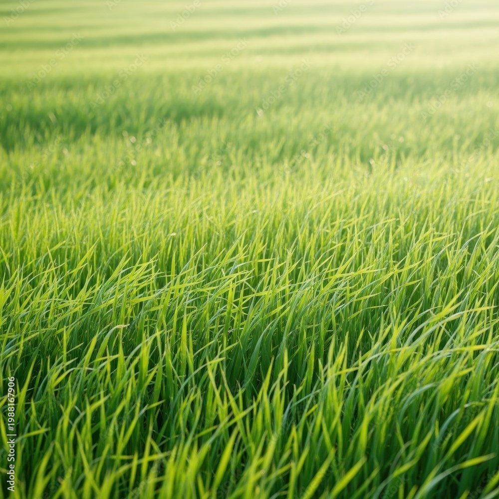 Fototapeta premium Serene field of green grass gently swaying under the soft morning light, evoking deep relaxation and natural tranquility and peace, dew, tranquility, texture