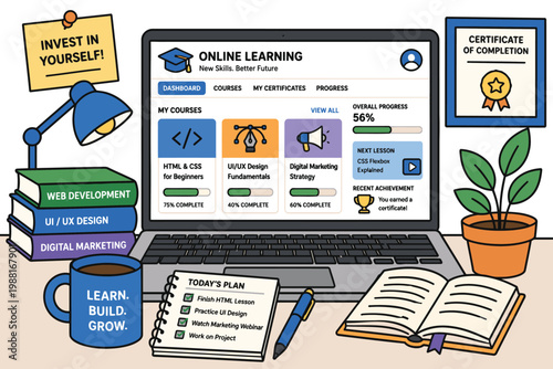 A vibrant illustration of online learning and personal development journey