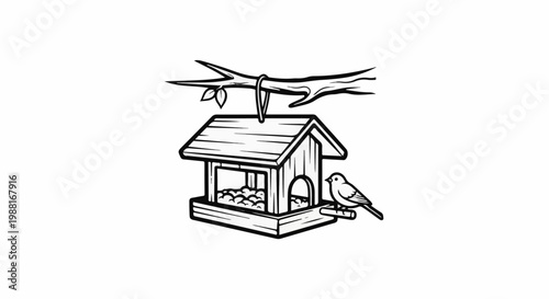 A small bird perches on a wooden feeder filled with seeds, suspended from a branch