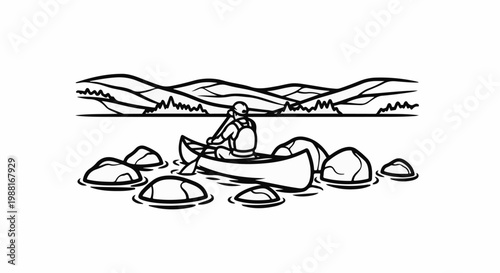 Person in canoe paddles through water near rocks with distant hills