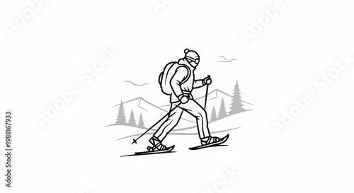 Person on snowshoes hikes through a winter mountain landscape with trees