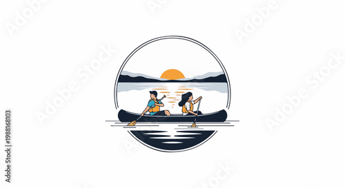Couple canoeing on lake at sunset with mountains in background