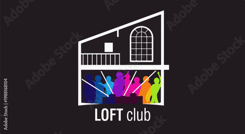Colorful figures dance inside a stylized loft building with a large arched window