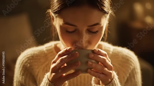 Young Woman Enjoying a Warm Beverage in Cozy Evening Light.