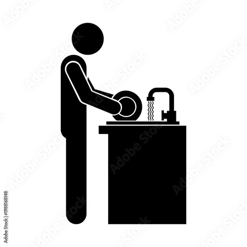 Stickman Washing Dishes – Dishwashing Kitchen Cleaning Activity Vector Icon.