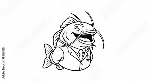 A smiling, cartoon catfish wears a suit and tie with a medal