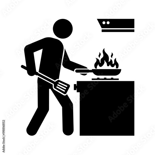 Stickman Cooking Burnt Food on Stove – Kitchen Fire Hazard Frying Pan Vector Icon.