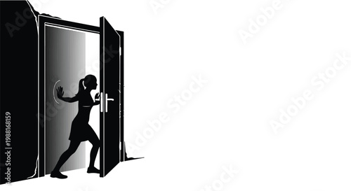 Silhouette of confident businesswoman stepping through open door into new opportunity with modern gradient background