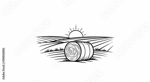 A stylized rural scene depicts a single hay bale in a field at sunrise