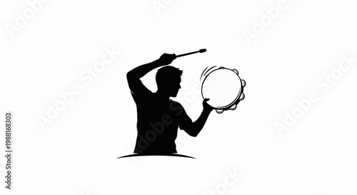 Silhouette of person playing a tambourine with a stick