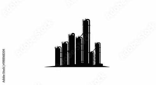 Silhouette of industrial towers and pipelines against a white background
