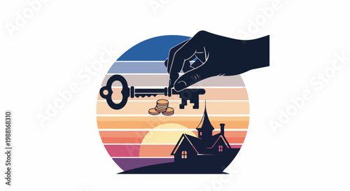 Hand holding key over coins and house silhouette against sunset stripes