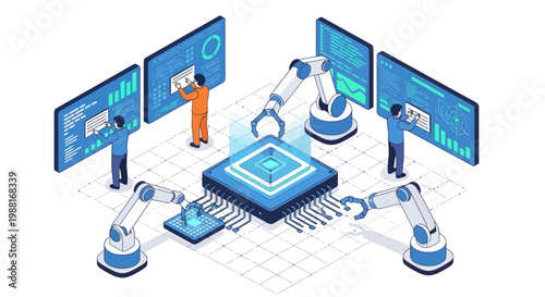 Robotic arms working on computer chip.