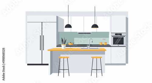 Modern kitchen interior with island, stools, and appliances