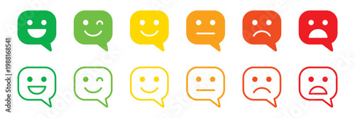 Customer feedback rating scale with square speech bubbles, colorful emotion faces, and happy to sad expressions for user review solid and line icon set