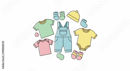 Collection of pastel-colored baby clothes arranged in a circular pattern