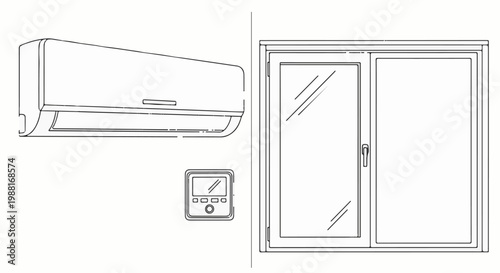 Minimalist line art of an air conditioner unit and sliding glass door