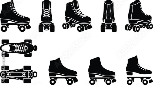 Satz schwarzer Rollschuh-Silhouetten, die aus verschiedenen Winkeln und Perspektiven dargestellt sind.