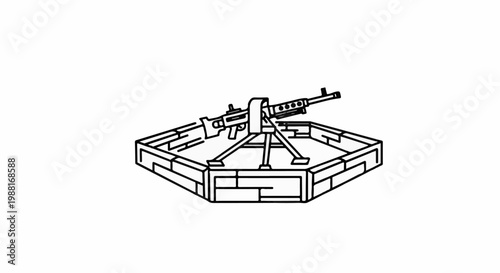 Line art of a mounted machine gun within a hexagonal fortified position