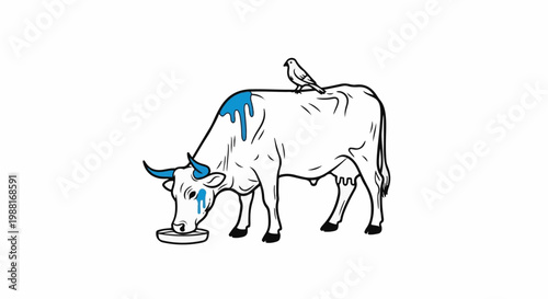 Line art cow with blue accents and a bird on its back drinks from a dish